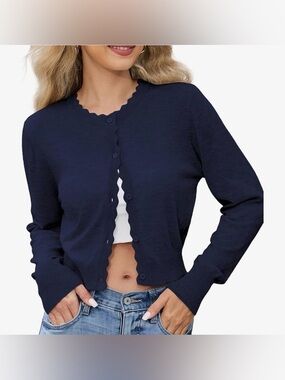 Lyrur Navy Crewneck Scalloped-Edge Cropped Long Sleeve Cardigan/Bolero XL. NWT